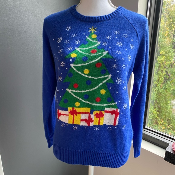 LOL Vintage Blue Xmas Tree Not So Ugly Sweater - Picture 2 of 8